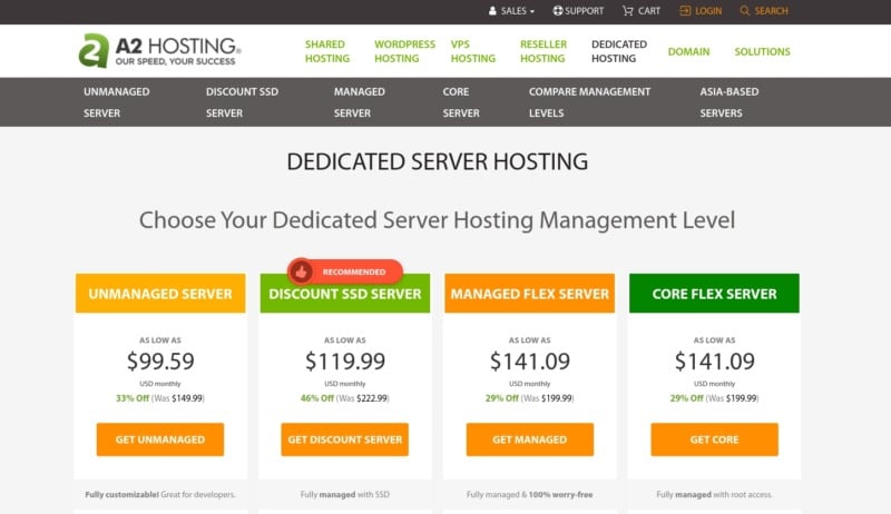 A2 Hosting dedicated hosting plans.