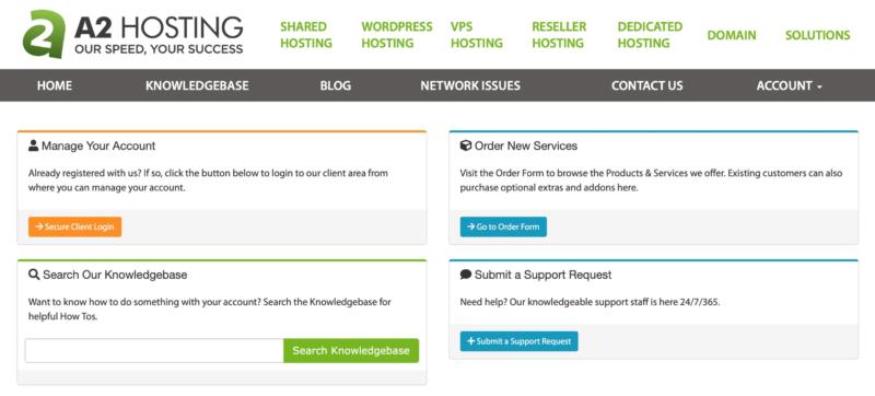 The A2 Hosting Customer Portal.