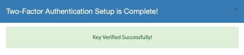 The Key Verification Successful window.