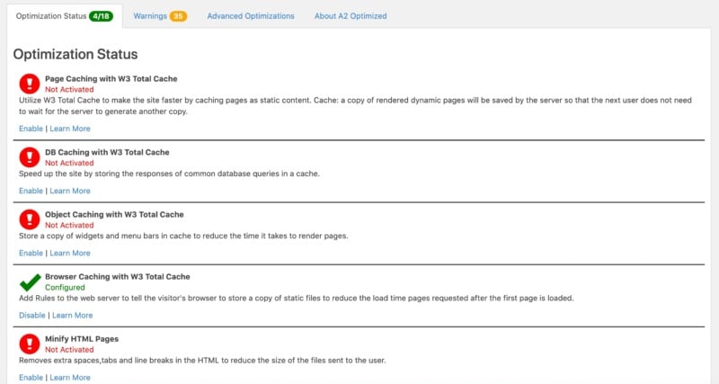 A2 Optimized's Memcached settings.