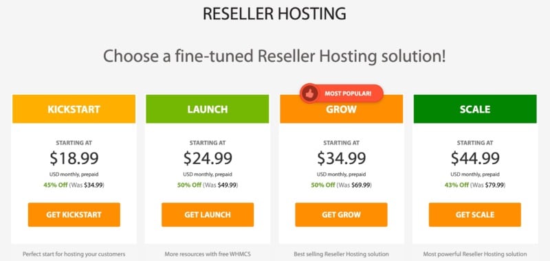 A2 Hosting's reseller hosting packages.