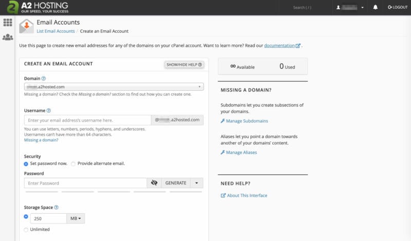 Filling out details for a new email account in cPanel.