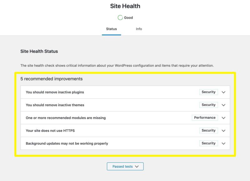 The site health tests you currently do not pass.