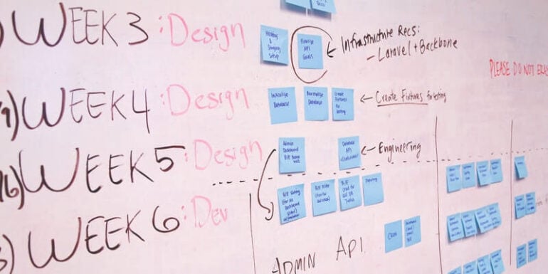 A white board tracking a development workflow.