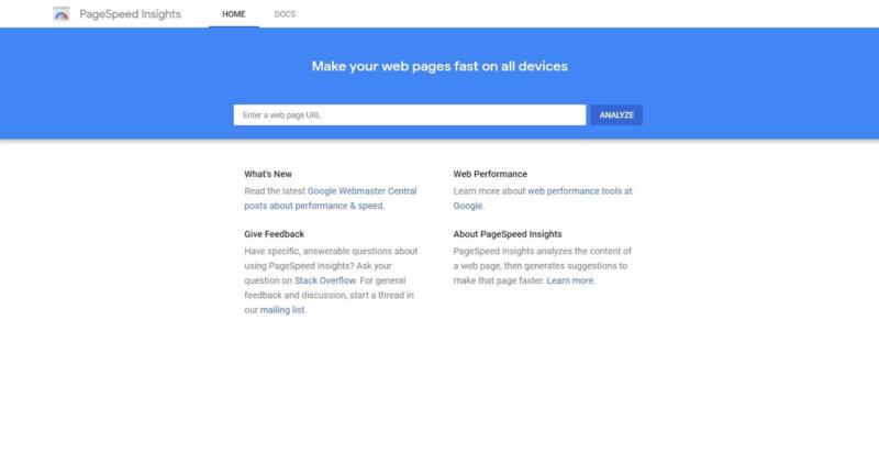 The Google PageSpeed Insights home page.