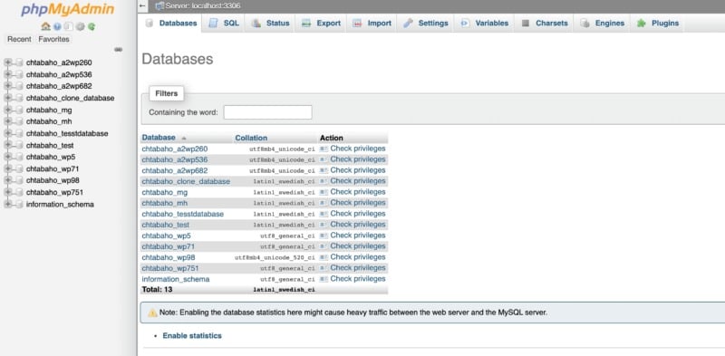 The phpMyAdmin dashboard.