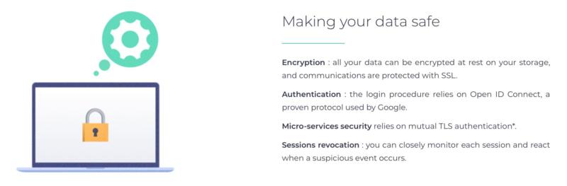 The Pydio security features listing.