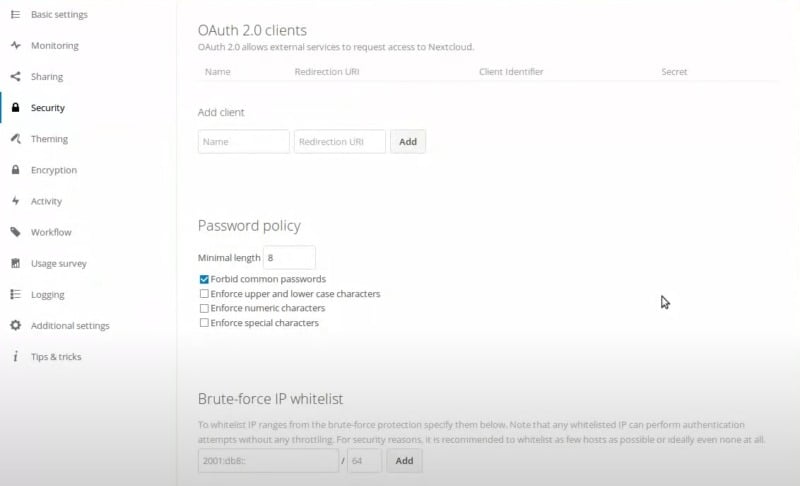 Nextcloud's Security settings.