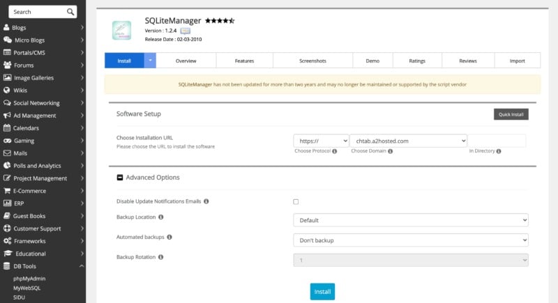 Configuring an application using Softalucous.