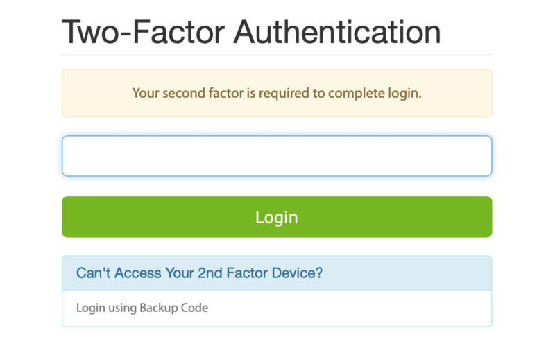 The Two-Factor Authentication login screen.