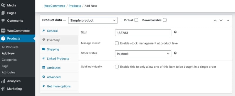 WooCommerce's inventory menu.