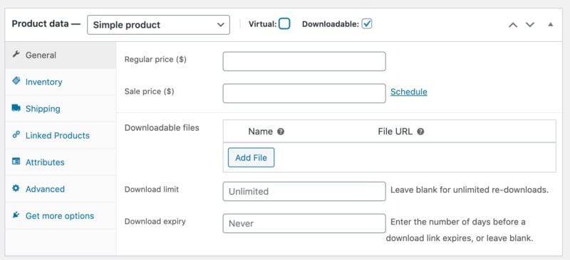 The e-commerce product settings menu.