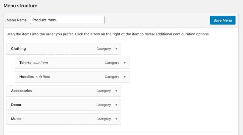 Creating a e-commerce product menu, in WordPress.