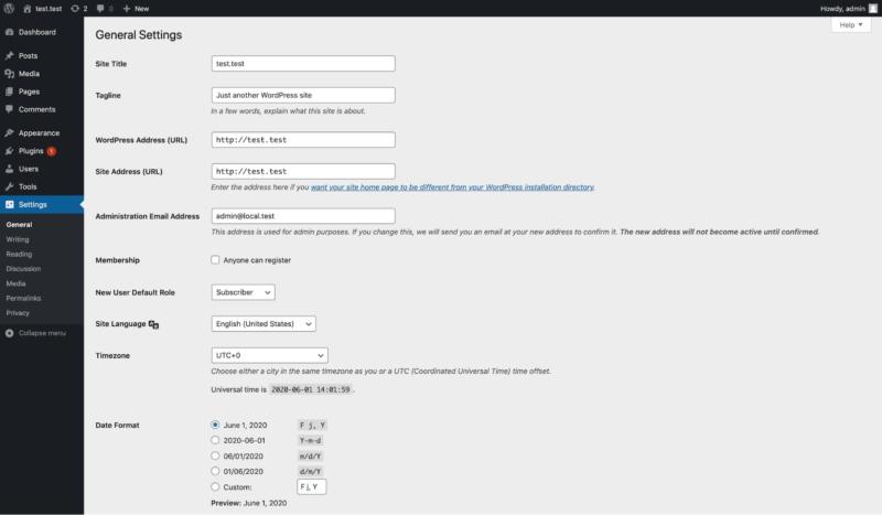 The WordPress general settings options.