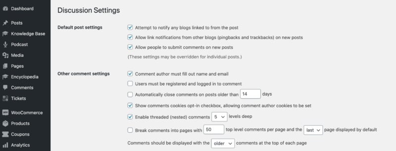 The WordPress discussion settings.