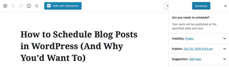 A view of the blue Schedule button in the WordPress post admin.