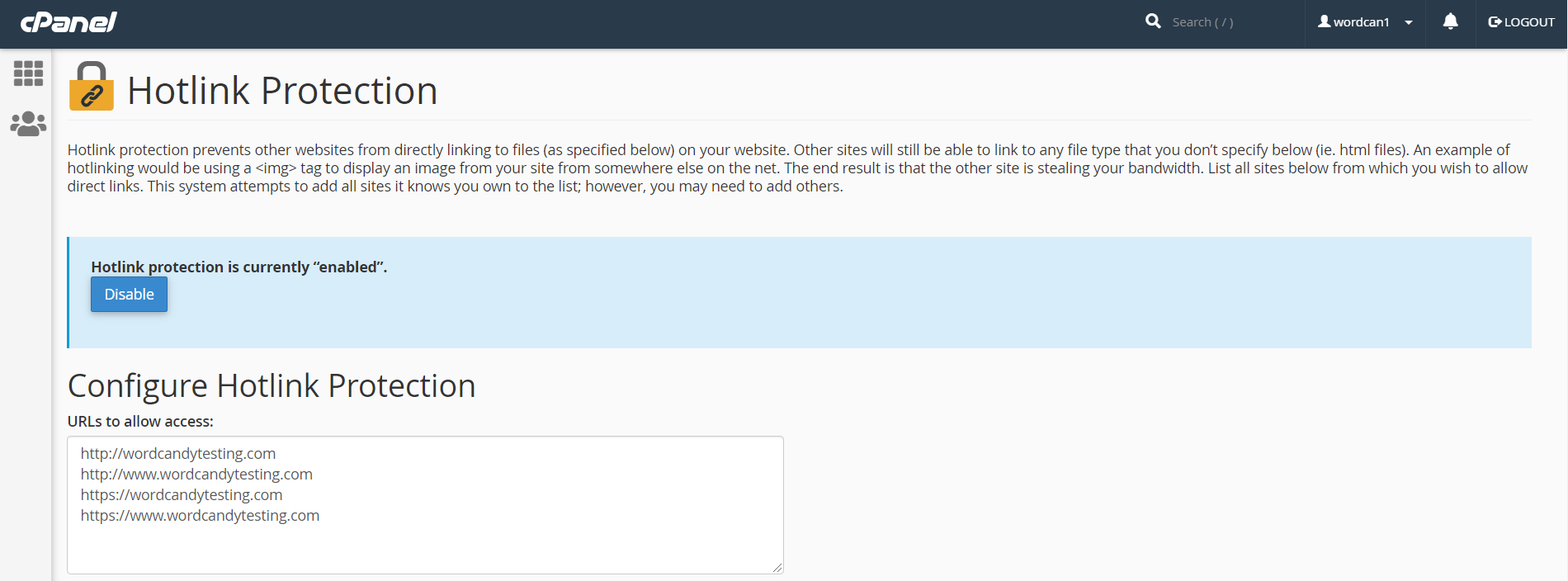 A screenshot of how to configure hotlink protection