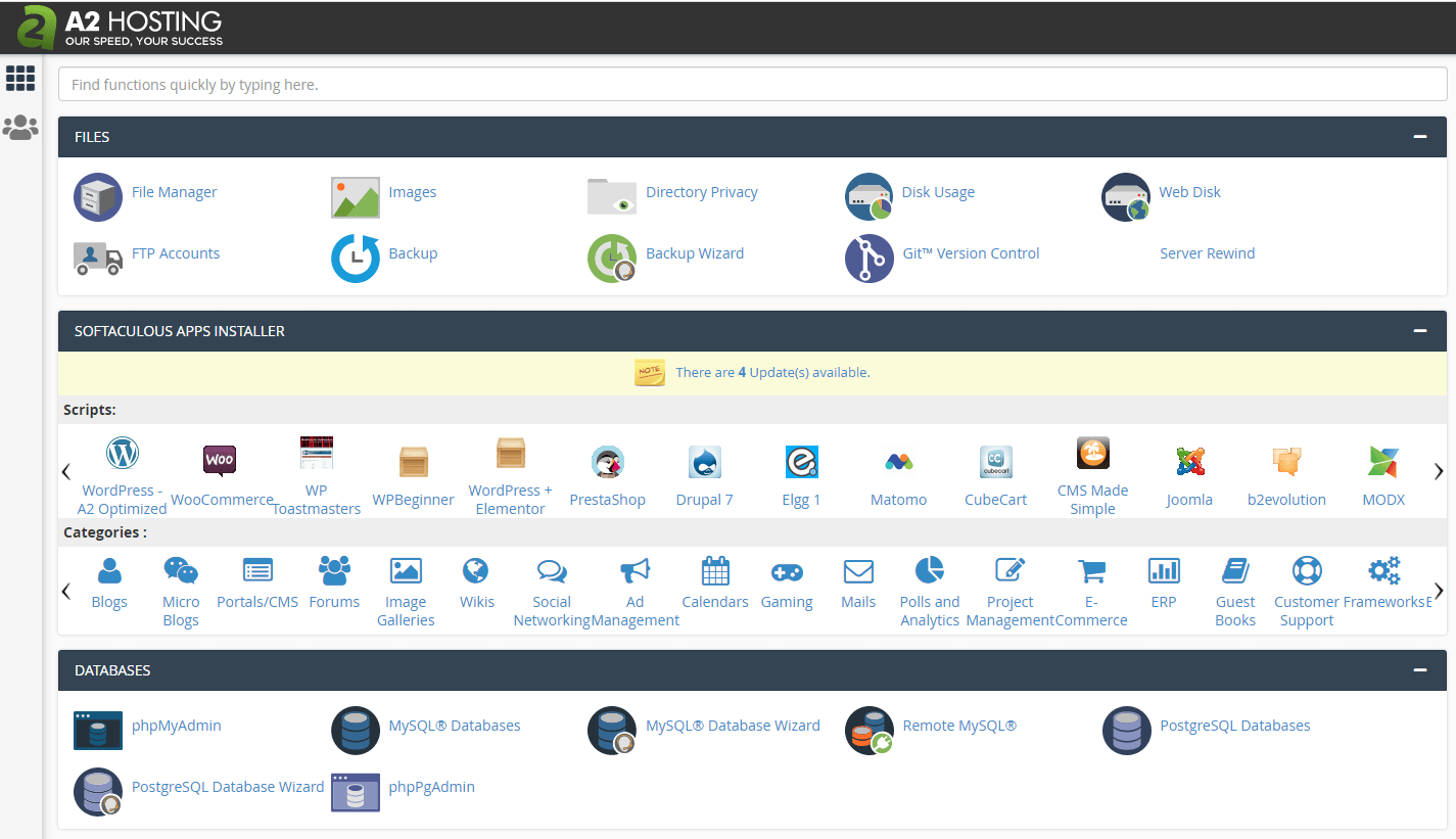 The A2 Hosting cPanel control panel.