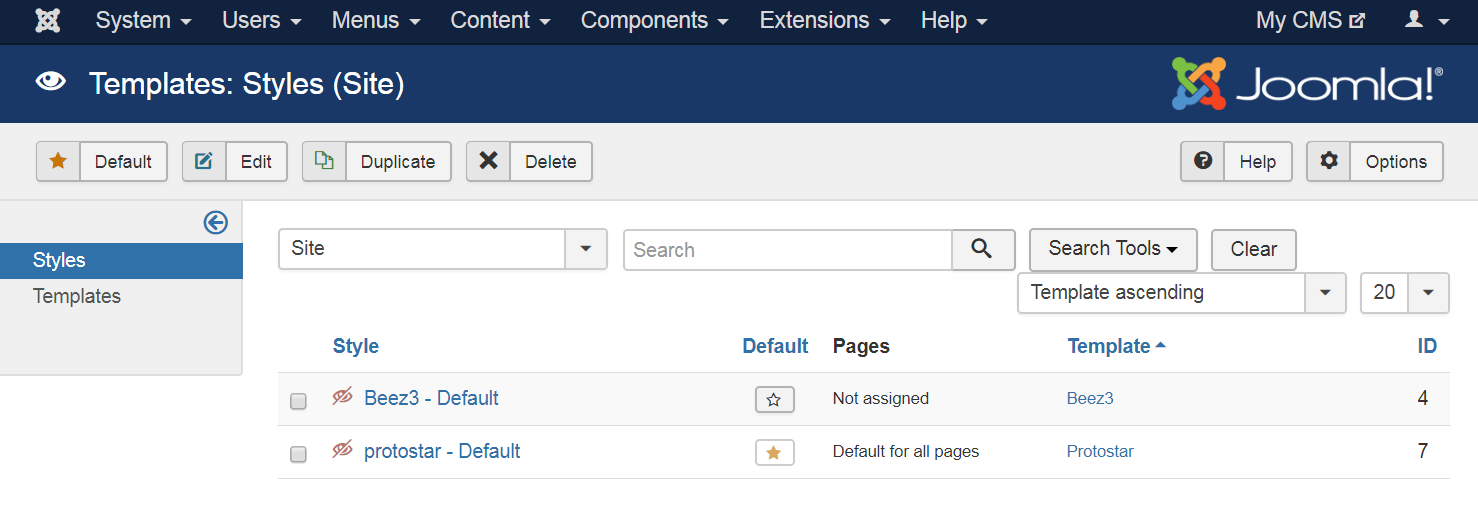 Default templates in Joomla.