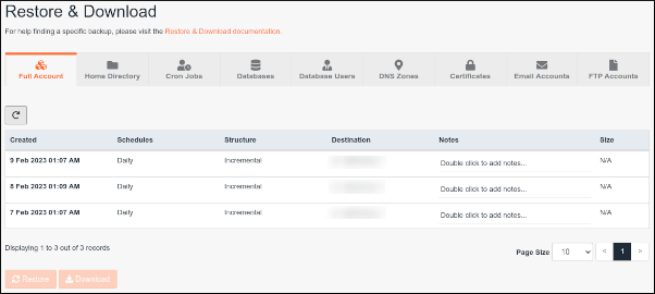 JetBackup - Full Account backup list