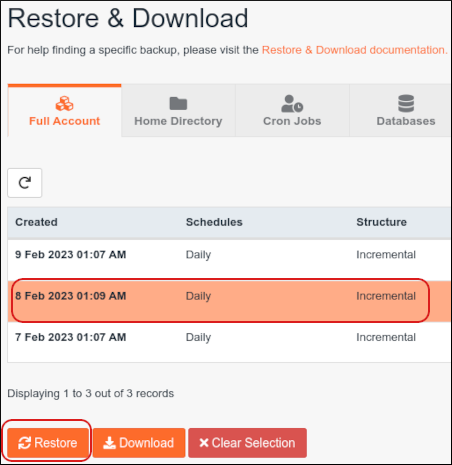 JetBackup - Restore backup