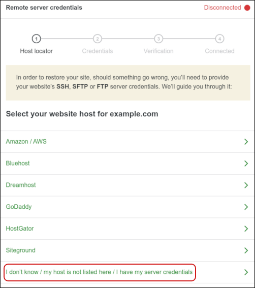 Jetpack - Remote server credentials page