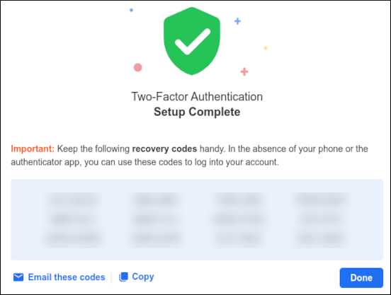 Webmail - Preferences - Security (2FA) - Setup Complete - Recovery Codes