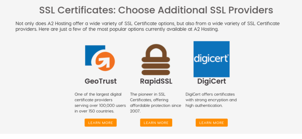 The A2 Hosting SSL certificate options.