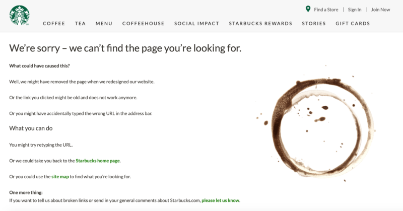 Starbucks' error page with a sitemap.